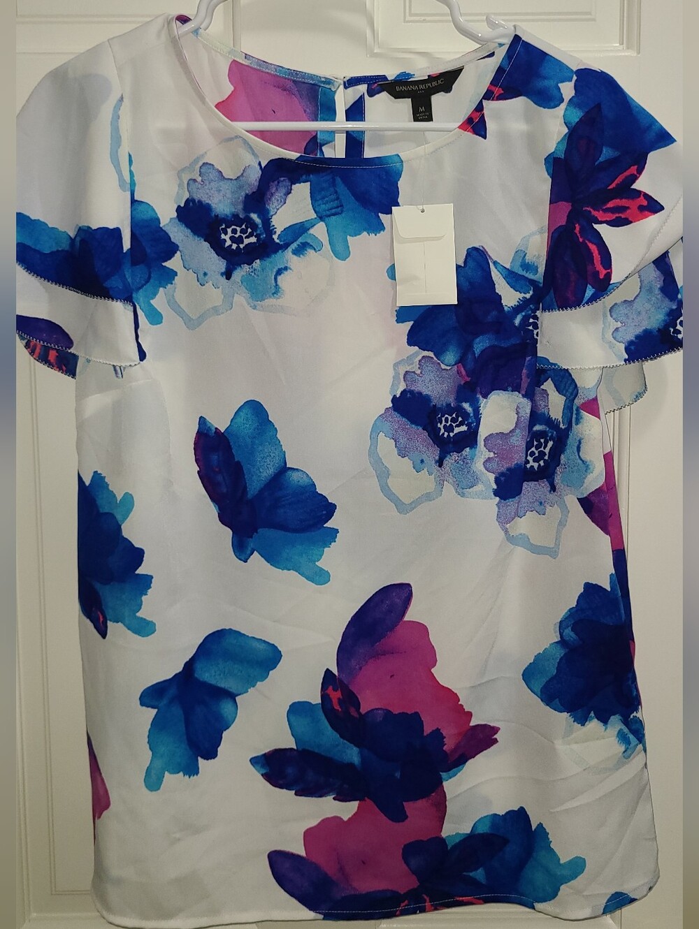NWT.. Banana Republic  White Blouse with Blue & Purple Floral Watercolor Print